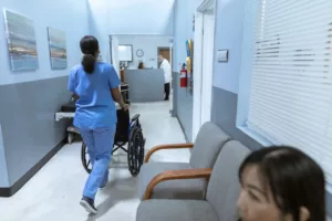 inside of a hospital with people in the halls