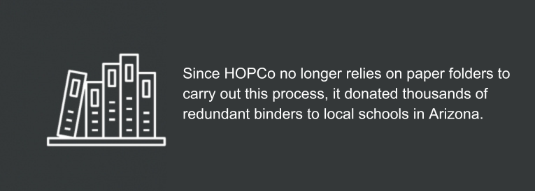 Since HOPCo no longer relies on paper folders to carry out this process, it donated thousands of redundant binders to local schools in Arizona.