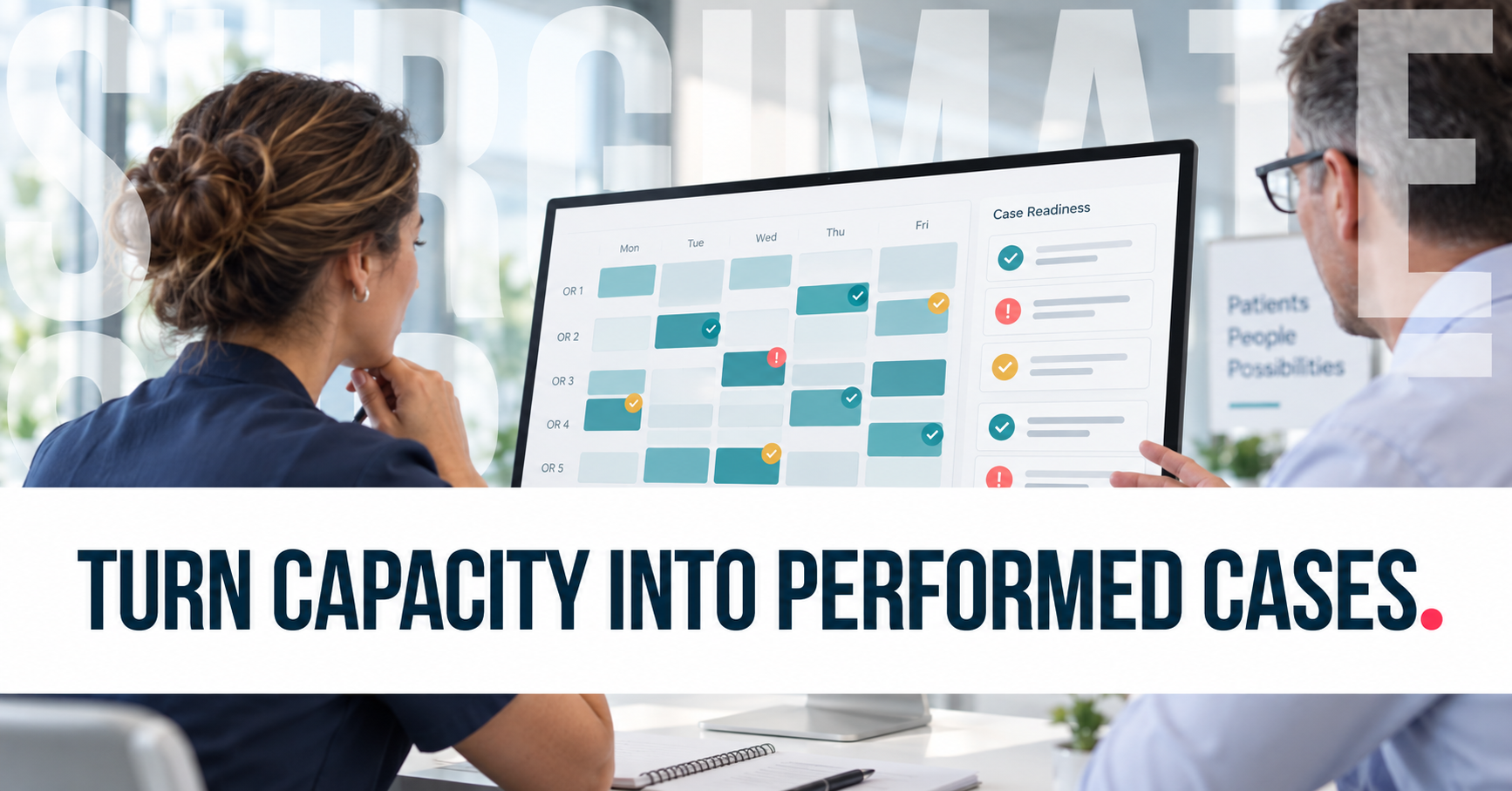 Practice coordinators review an OR block calendar and case readiness. Turn capacity into performed cases.